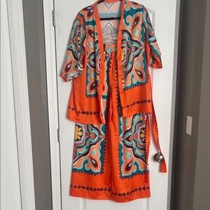 Vibrant Orange Printed Women's Two-Piece Robe Set